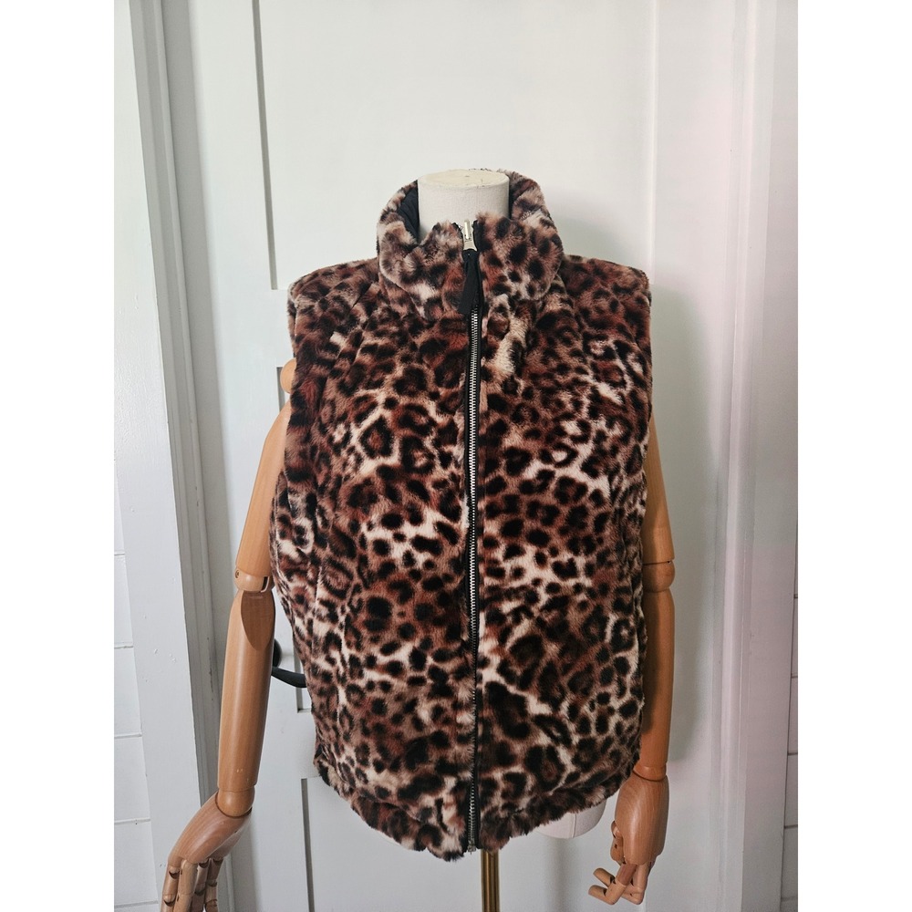 Derek Heart Reversible Black Puffer & Leopard Faux Fur Zip Vest Large L
